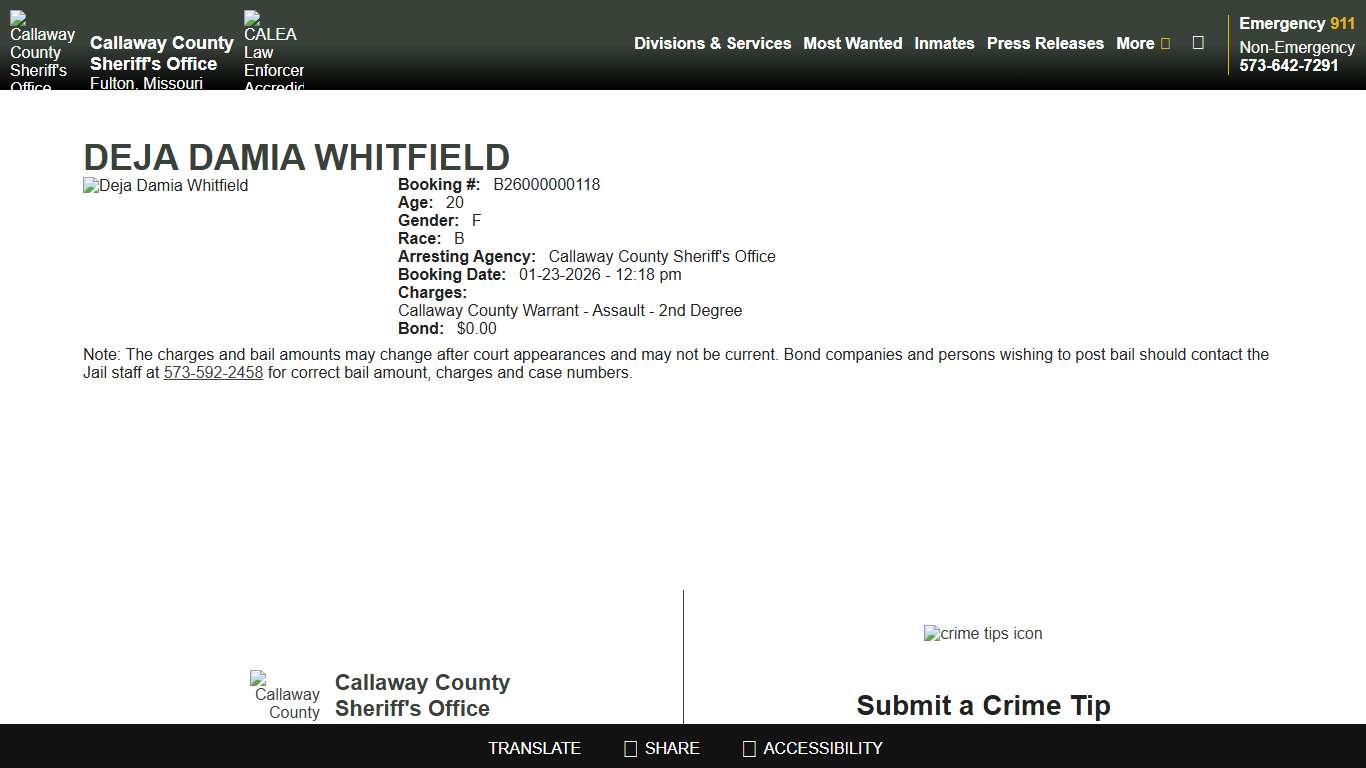 View Roster - Deja Damia Whitfield - Callaway County Sheriff's Office, Missouri